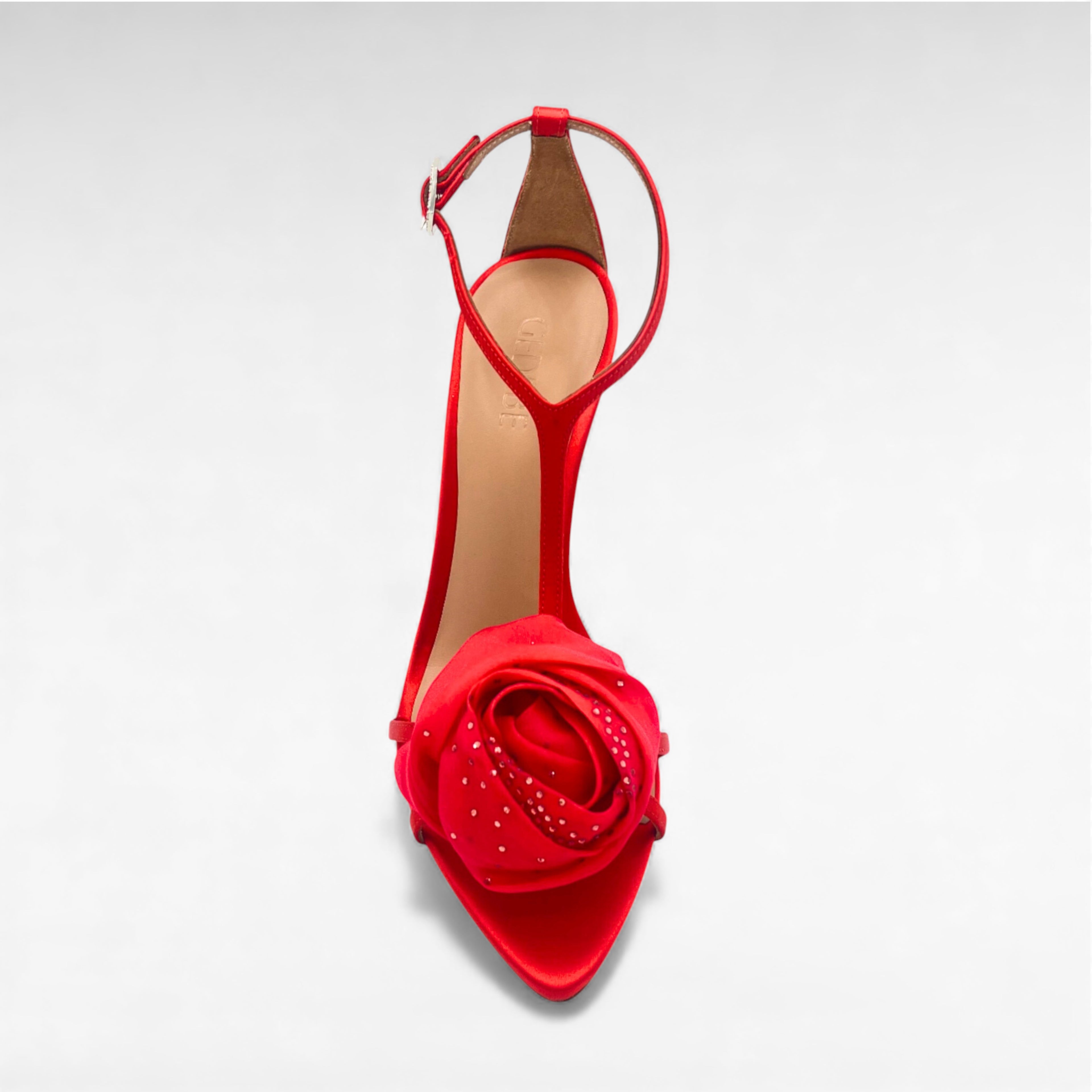 red satin sandal with organza crystal flower